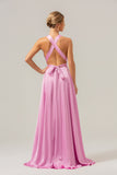 Pink A Line V-Neck Backless Satin Long Bridesmaid Dress with Slit