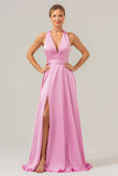 Pink A Line V-Neck Backless Satin Long Bridesmaid Dress with Slit