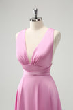 Pink A Line V-Neck Backless Bridesmaid Dress with Slit