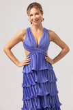 Purple A-Line V Neck Pleated Tiered Lace Up Back Long Bridesmaid Dress with Slit