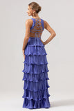 Purple A-Line V Neck Pleated Tiered Lace Up Back Long Bridesmaid Dress with Slit