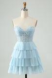 Light Blue A Line Sweetheart Tiered Short Homecoming Dress with Appliques