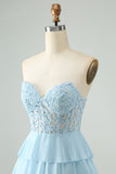 Light Blue A Line Sweetheart Tiered Short Homecoming Dress with Appliques