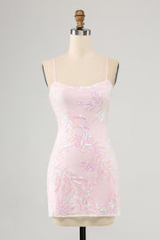 Sparkly Pink Spaghetti Straps Tight Homecoming Dress with Sequins