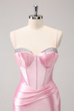 Stylish Sparkly Pink Spaghetti Straps Corset Tight Homecoming Dress with Beading