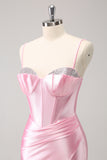 Stylish Sparkly Pink Spaghetti Straps Corset Tight Homecoming Dress with Beading