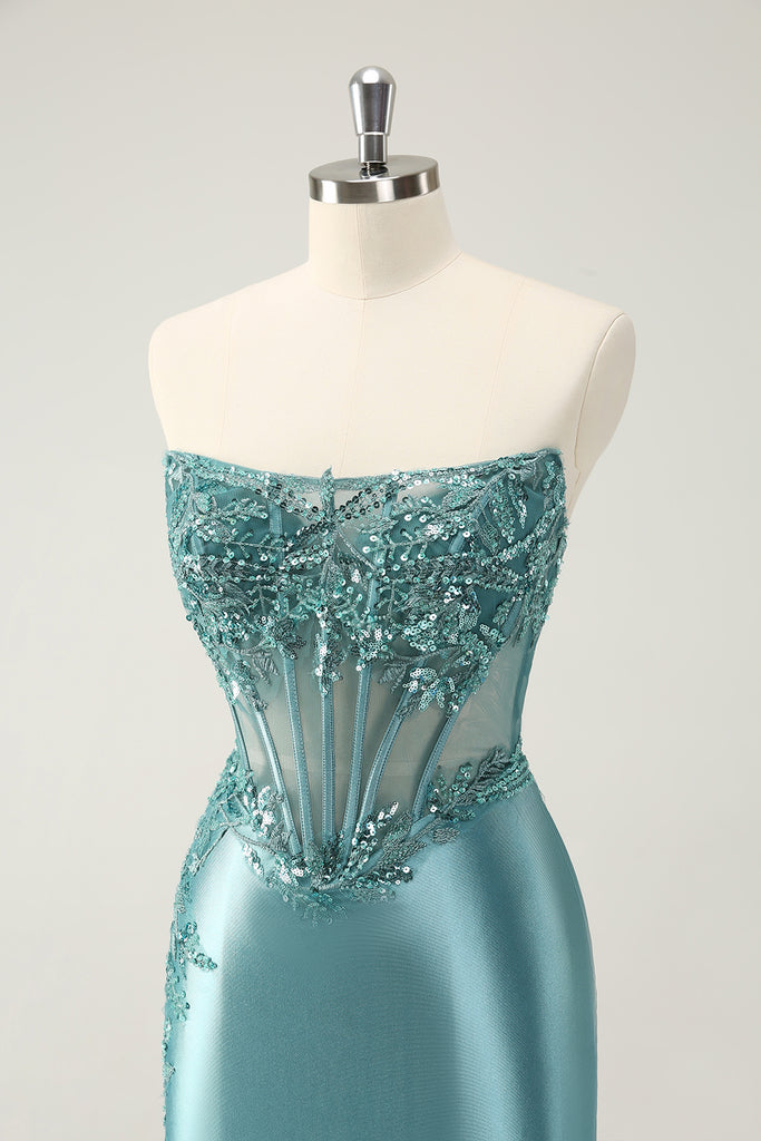 Appliqued Corset Top Short Glitter Prom Dress Peacock