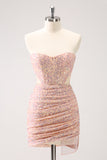 Blush Bodycon Strapless Hollow Out Sequins Ruched Homecoming Dress with Tassel