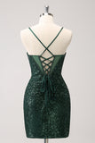 Dark Green Bodycon Spaghetti Straps Corset Short Homecoming Dress with Sequins