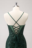 Dark Green Bodycon Spaghetti Straps Corset Short Homecoming Dress with Sequins