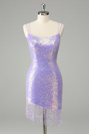 Unique Sparkly Lilac Tight Sequins Short Homecoming Dress with Tassels