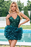 Glitter Dark Green V Neck Sequins Homecoming Dress with Detachable Ruffles