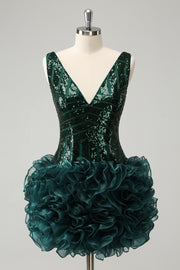 Glitter Dark Green V Neck Sequins Homecoming Dress with Detachable Ruffles