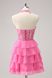 Hot Pink A Line Halter Tiered Corset Short Homecoming Dress with Ruffles