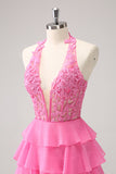 Hot Pink A Line Halter Tiered Corset Short Homecoming Dress with Ruffles