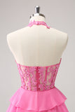 Hot Pink A Line Halter Tiered Corset Short Homecoming Dress with Ruffles