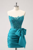 Sparkly Peacock Green Tight Strapless Beaded Applique Homecoming Dress with Bow