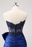 Sparkly Navy Strapless Beaded Appliques Tight Homecoming Dress