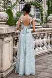 Grey Green Sheath Floral Print Long Bridesmaid Dress With Slit