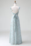 Grey Green Sheath Floral Print Long Chiffon Bridesmaid Dress With Slit