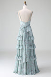 Grey Green Spaghetti Straps Long Bridesmaid Dress With Ruffles