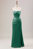Green Sheath Corset Strapless Long Bridesmaid Dress With Slit