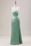 Sheath Corset Strapless Long Green Bridesmaid Dress With Slit