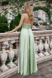 Green A Line Pleated Strapless Keyhole Maxi Bridesmaid Dress With Slit