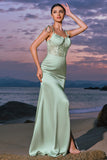 Green Mermaid Satin Bridesmaid Dress with Slit