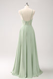 Green Spaghetti Straps A-Line Satin Long Corset Bridesmaid Dress with Slit