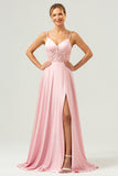 Green Spaghetti Straps A-Line Satin Long Corset Bridesmaid Dress with Slit