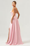 Green Spaghetti Straps A-Line Satin Long Corset Bridesmaid Dress with Slit