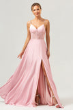 Pink A-Line Spaghetti Straps Satin Corset Long Bridesmaid Dress with Slit