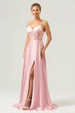 Green Spaghetti Straps A-Line Satin Long Corset Bridesmaid Dress with Slit