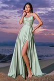 Pink A-Line Spaghetti Straps Satin Corset Long Bridesmaid Dress with Slit