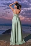 Green Spaghetti Straps A-Line Satin Long Corset Bridesmaid Dress with Slit