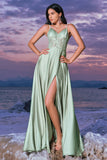 Green Spaghetti Straps A-Line Satin Long Corset Bridesmaid Dress with Slit