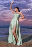 Green Spaghetti Straps A-Line Satin Long Corset Bridesmaid Dress with Slit