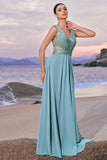 Grey Green A-Line Sequins Chiffon Bridesmaid Dress