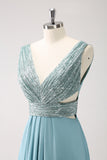 Grey Green V Neck A-Line Sequins Chiffon Long Bridesmaid Dress