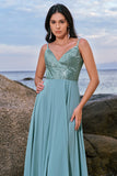 Spaghetti Straps Grey Green A-Line Chiffon Bridesmaid Dress with Slit