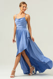 Blue Asymmetrical Cowl Neck Satin Bridesmaid Dress with Slit