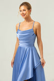 Blue Asymmetrical Cowl Neck Satin Bridesmaid Dress with Slit