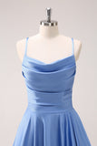 Blue Cowl Neck Satin Asymmetrical Bridesmaid Dress with Slit