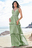 Green Ruffled Floral Bridesmaid Dress with Lace