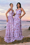 Grey Purple A-Line Off the Shoulder Floral Bridesmaid Dress