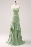 Sheath Green Floral Ruffled Chiffon Bridesmaid Dress with Lace