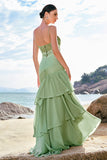 Green Mermaid Floral Chiffon Long Ruffled Bridesmaid Dress with Lace