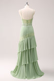 Sheath Green Floral Ruffled Chiffon Bridesmaid Dress with Lace