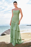 Sheath Green Floral Ruffled Chiffon Bridesmaid Dress with Lace